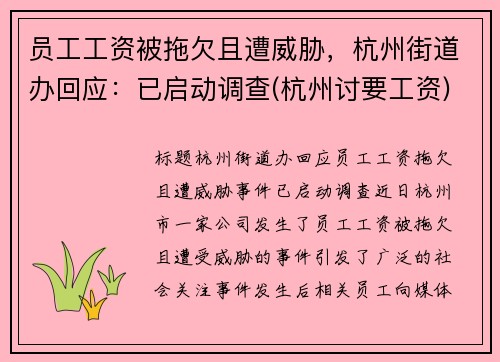 员工工资被拖欠且遭威胁，杭州街道办回应：已启动调查(杭州讨要工资)